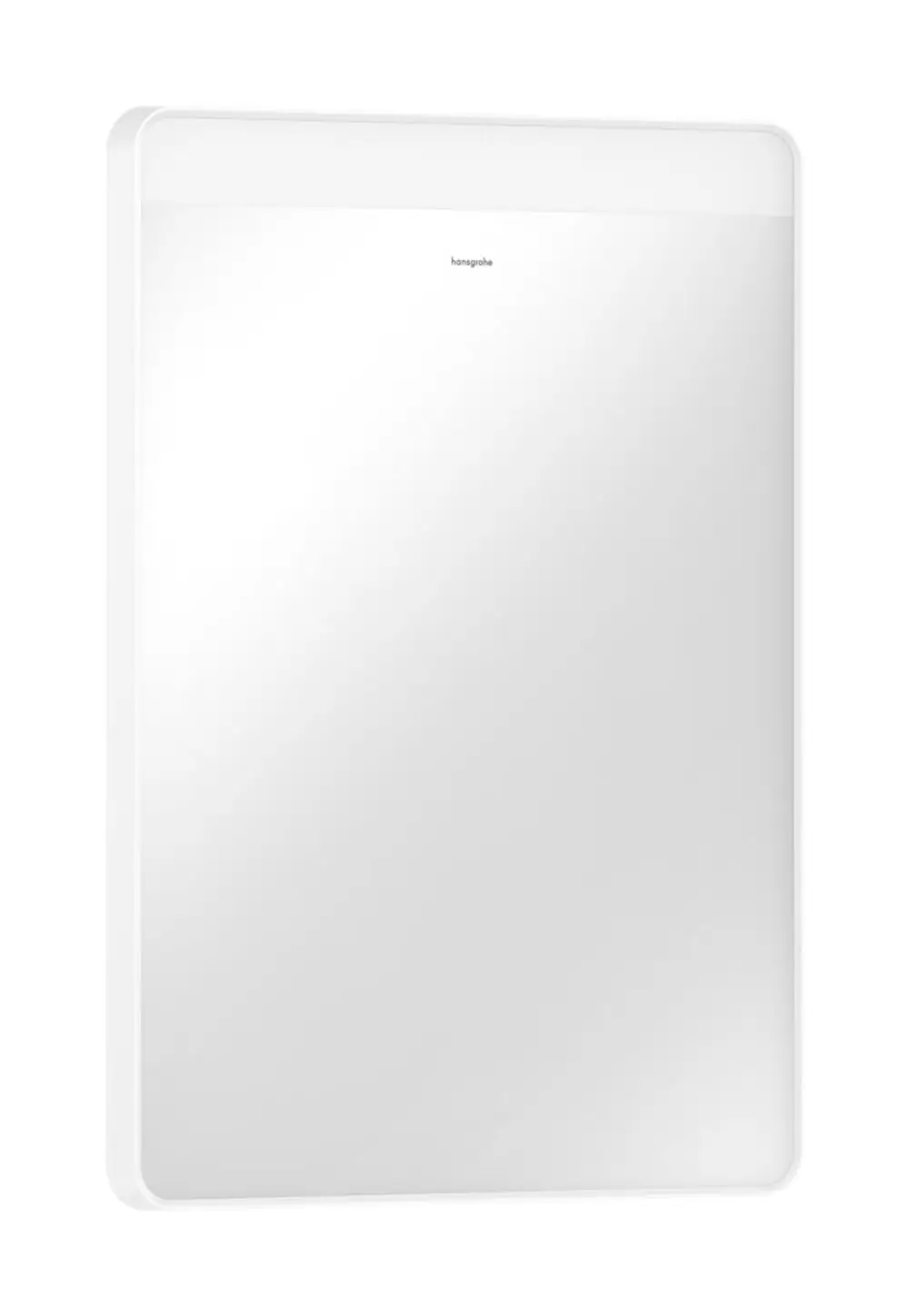 Spiegel mit klarer Oberfläche und horizontaler LED-Beleuchtung, montiert an einer Wand, mit dem Markennamen Hansgrohe gut sichtbar oben.